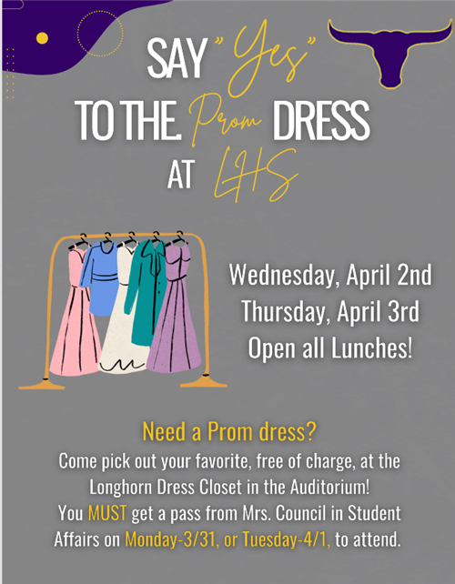 Prom Dress Closet Open April 2 and 3 in Auditorium!
